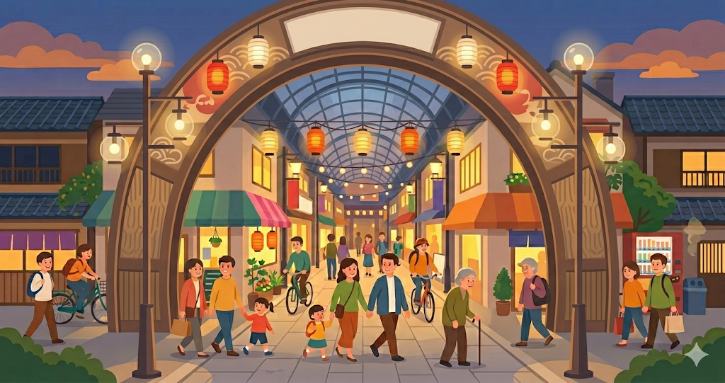 The archway at the entrance to the shopping street at dusk, and the people passing by.