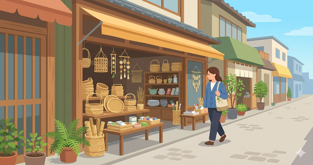 Storefronts with bamboo crafts and daily necessities lined up quietly in an old-fashioned shopping street
