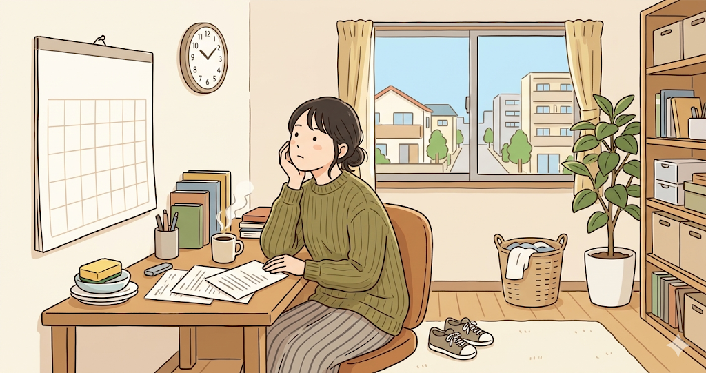 A woman, surrounded by papers and household chores on her desk, lost in thought on a day when she had no plans.