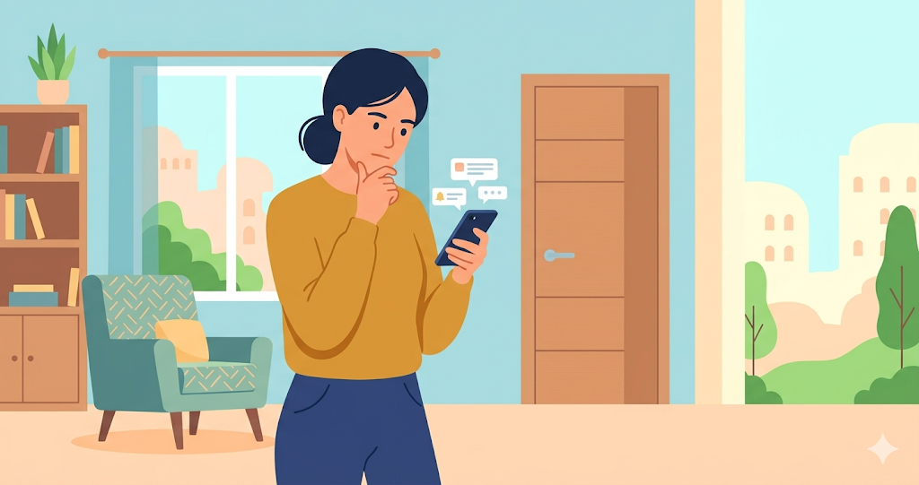 A woman deep in thought, staring at notifications on her smartphone.