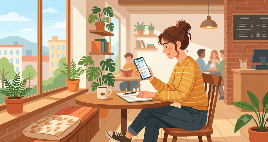 Image of a woman looking at the "Read Later" list on her smartphone.