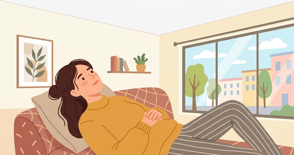 An image of a woman gazing vacantly at the ceiling while lying on the sofa.