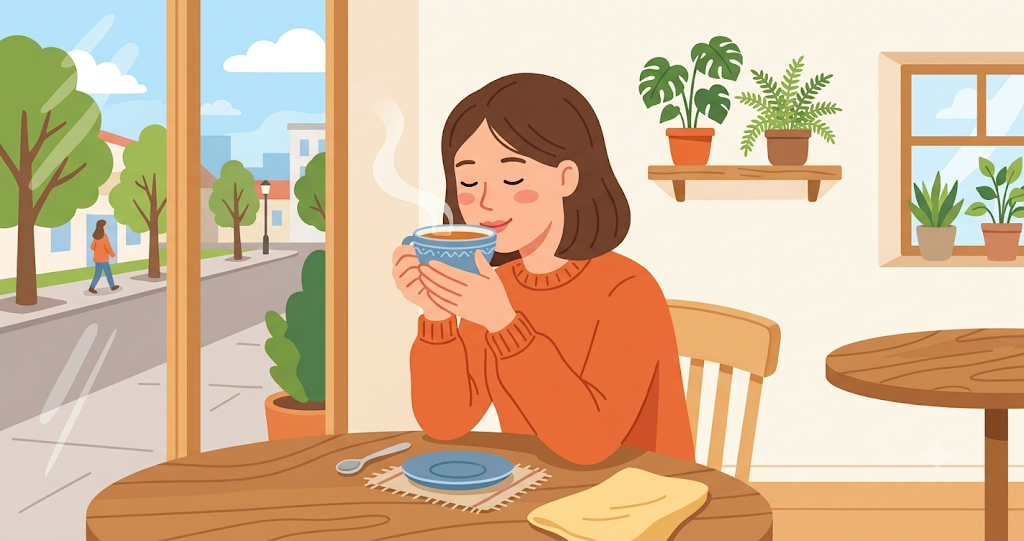 Holding a steaming teacup with both hands and slowly savoring the first sip.