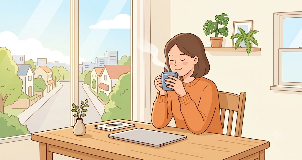 An image of a few seconds spent quietly at your desk in the morning with a steaming mug.