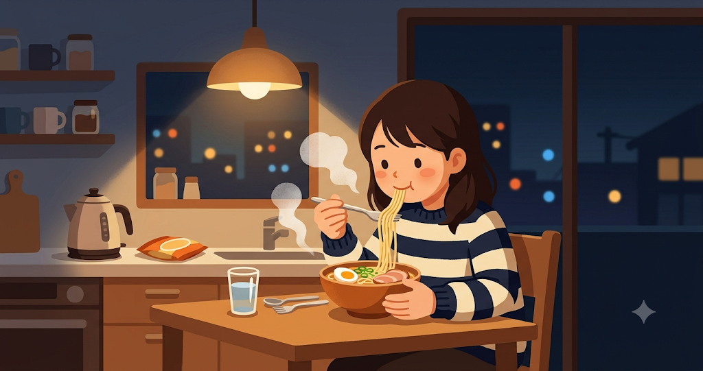 A scene of slurping instant ramen in the kitchen at night. Steam rises, creating a simple and calm atmosphere.