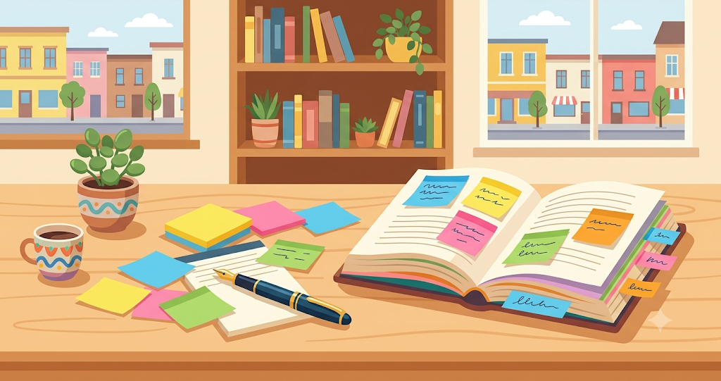 A book with only a few colorful sticky notes pasted on it, and a bunch of sticky notes and a fountain pen on the desk.