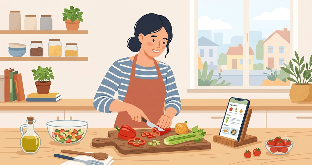 Cutting vegetables on a cutting board while watching a recipe on a smartphone