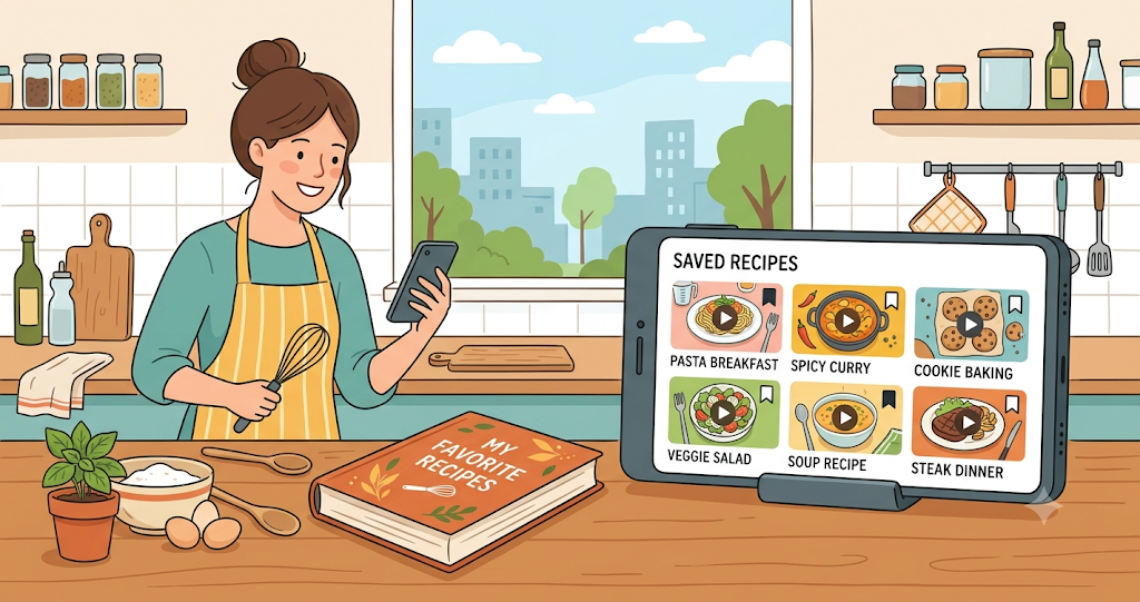 A smartphone with cooking videos saved and a closed cookbook in the kitchen