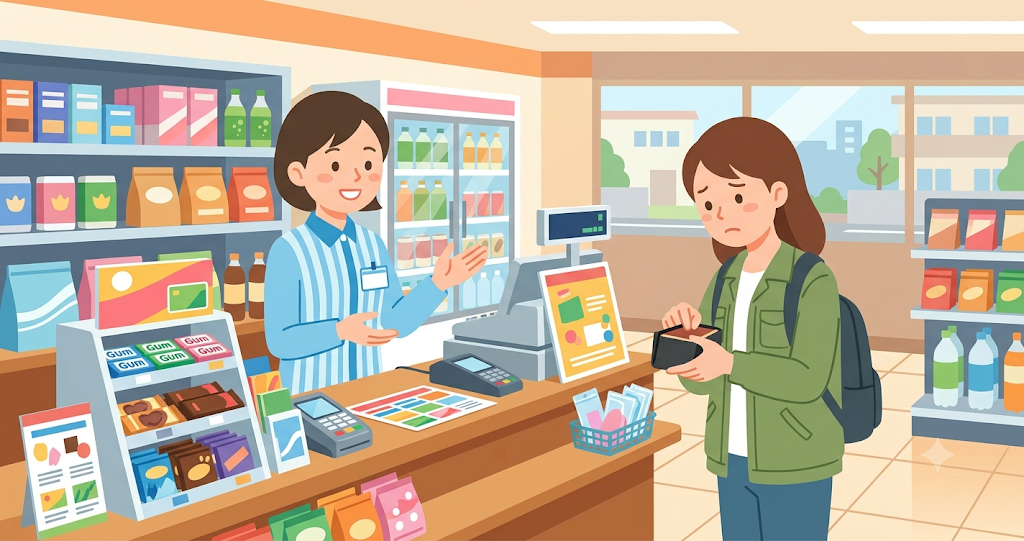 At a convenience store checkout, a clerk smiles and asks, "Do you have a point card?" while the customer opens their wallet, appearing to give it a moment's thought. Gum, chocolates, and small promotional signs line the counter, creating an everyday atmosphere inside the store.