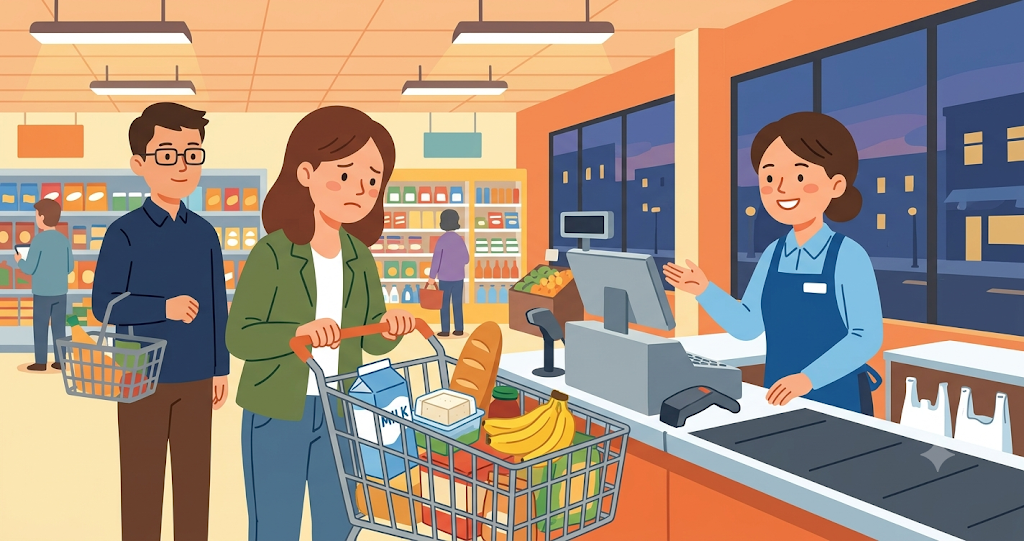 Supermarket cashier in the evening. The shopping cart contained milk, tofu, bread, and bananas, and while the cashier asked with a smile, ``Do you want to use a bag?'' the customer froze, staring at the cart with a serious expression. In the background, the next customer is calmly waiting.