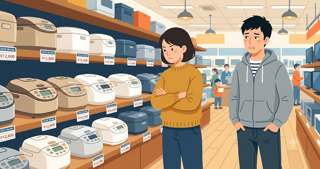 The rice cooker section of a large electronics store. A woman stands with her arms crossed, earnestly comparing price tags on the rows of rice cookers, while a man stands beside her looking slightly exasperated. The store is brightly lit, and the price tags display details such as the price and "2026 Model."