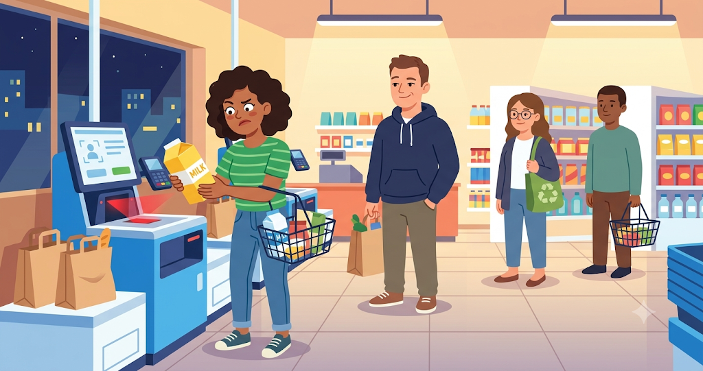 The self-checkout area of a supermarket at night. A woman holding a shopping basket is repeatedly turning a carton of milk, searching for the barcode. Several people are lined up behind her, maintaining a natural distance, while a man watches on with a wry smile. The scene is set in a brightly lit store with a comical atmosphere.