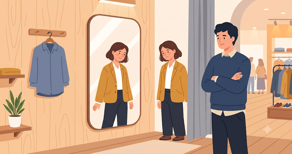A fitting room in a clothing store. A woman wearing a new jacket tilts her head slightly while standing in front of a large full-length mirror against a wall with a light wood grain finish. Beside her, a man stands with his arms crossed, gazing at the mirror with a calm expression. Bright interior lighting.