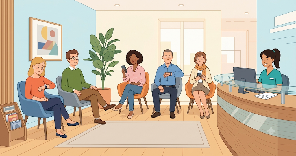 People waiting quietly in front of the reception counter. The scene—showing them sitting in chairs, glancing at their watches, or picking up their smartphones only to put them down again—is depicted with a slightly comical touch.
