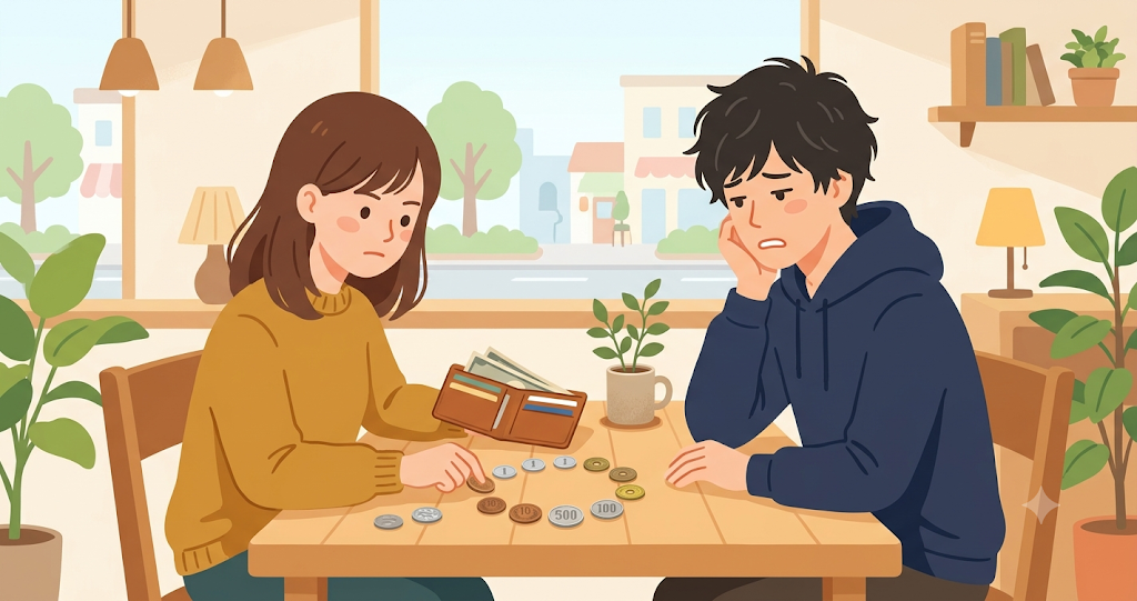 A young woman spreads her wallet out on a table, arranging 1, 5, 10, 100, and 500-yen coins as if for a round-table conference and gazing at them with a serious expression. Opposite her, a man looks into the wallet with an exasperated air. Soft indoor lighting.