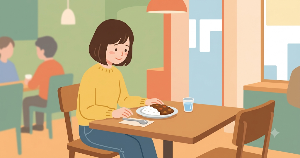 A woman looks at the roux once before eating curry. In my heart, I say, ``Thank you for your continued support today.''
