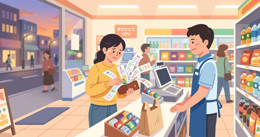 A young woman with a troubled expression opens her wallet in front of a convenience store, causing several receipts to fan out, while a man looks on calmly from the side; the scene has a comical atmosphere set against the backdrop of a city street at dusk.