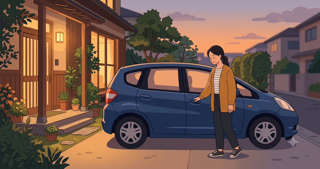 A woman quietly closing the car door in the entryway at dusk, her hand resting on the handle. The composition captures a calm, everyday atmosphere, illuminated by warm-toned light.