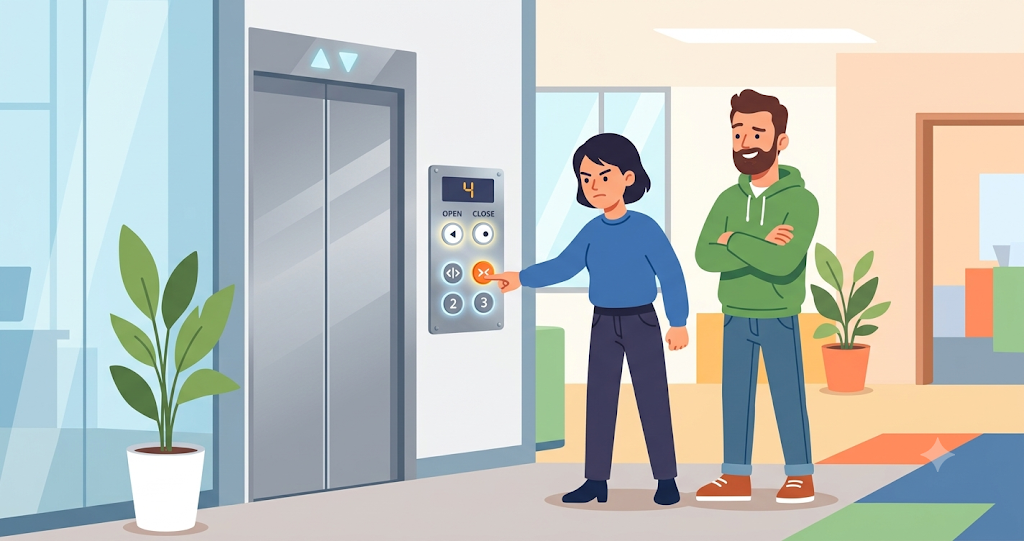 In front of an elevator in an office building: one person presses the "Close" button just once with a serious expression, while a friend stands behind with arms crossed, watching. The composition is humorous, as the button panel looks somewhat like a face with eyes.