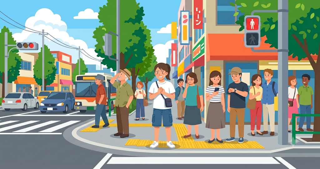 A crosswalk on a summer afternoon. People stopped at the red light are passing the time in various ways—checking their smartphones or watches, gazing up at the sky, or leaning forward in anticipation. A person standing at the very front, wearing a slightly tense expression, leaves a striking impression.