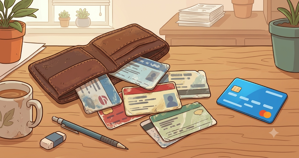 A scene showing several faded membership cards and old medical appointment cards laid out from a wallet opened on a desk, with a new credit card sitting off to the side, looking somewhat out of place. The warm indoor lighting creates a slightly comical atmosphere.