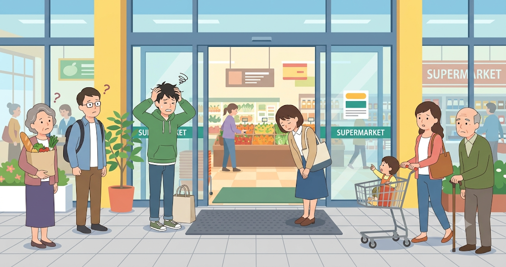 At the entrance to a supermarket, a woman is bowing respectfully—and with great seriousness—specifically in front of the automatic doors, while a man stands a short distance away, clutching his head. Surrounding shoppers look on with a puzzled air.