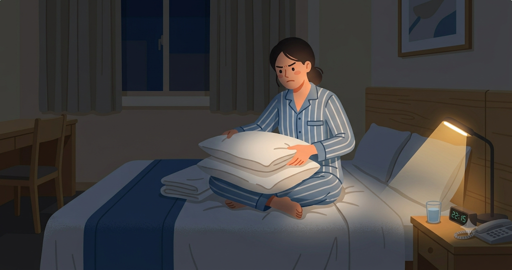 A woman with a serious expression sits on a business hotel bed, repeatedly folding and stacking the pillow to adjust its height; beside her are neatly arranged white sheets and a reading lamp on the side table.