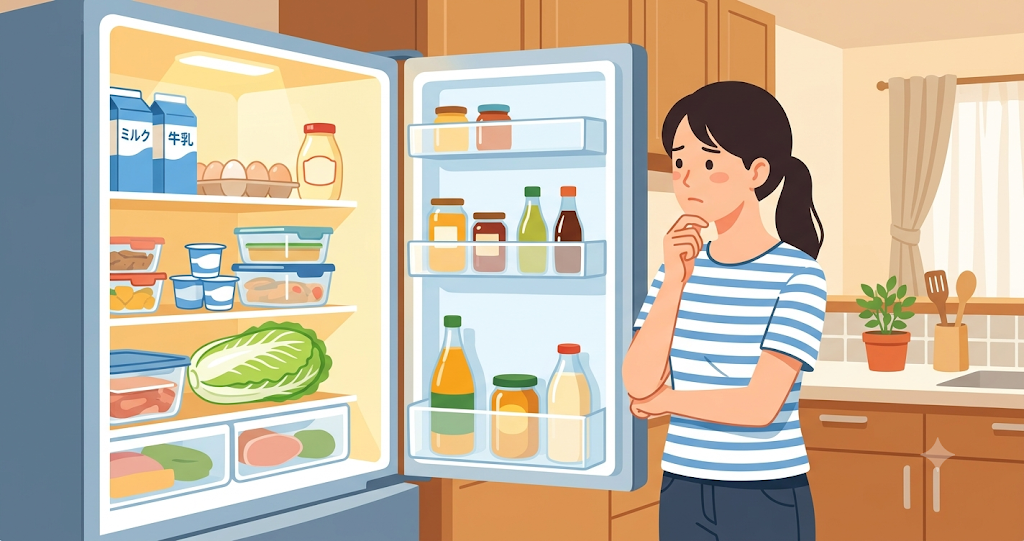 A woman stands frozen, staring intently into the open refrigerator as she tries to recall something. The shelves are lined with milk, eggs, mayonnaise, yogurt, food storage containers, and napa cabbage, while the light from the refrigerator illuminates her.