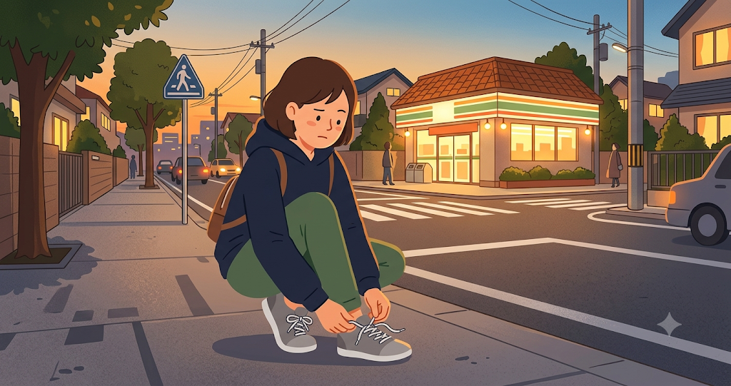 A woman crouches down in a residential neighborhood at dusk to retie her sneaker laces. Only one lace has come undone, while the other remains neatly tied. With a convenience store and a crosswalk visible in the background, she gazes at her shoes with a slightly puzzled expression, creating a comical atmosphere.