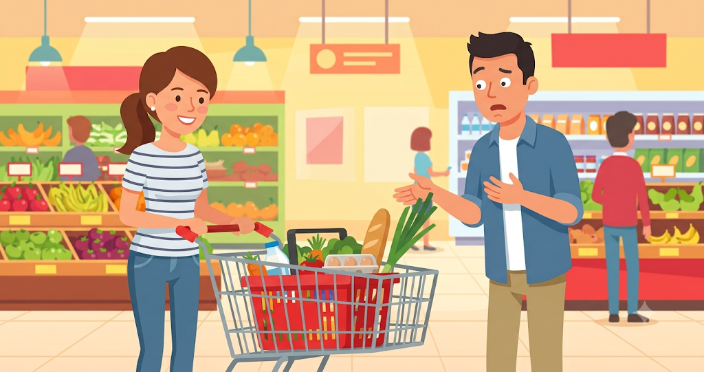 A woman at a supermarket has placed a red shopping basket onto a cart, with a single stalk of green onion sticking out prominently; beside her, a man looks on with an exasperated expression and makes a quip. Bright food section, friendly atmosphere.