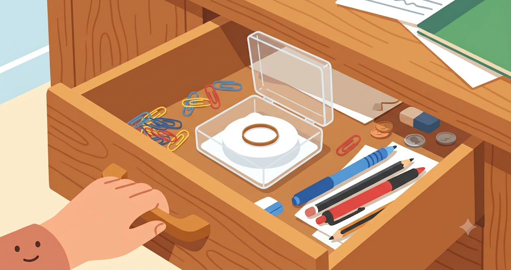 When you open the drawer of the wooden desk, amidst the paperclips and pens, you find a single brown rubber band carefully placed inside a small, transparent box. It is a comical scene: surrounded by ordinary stationery, that one rubber band looks strangely majestic.