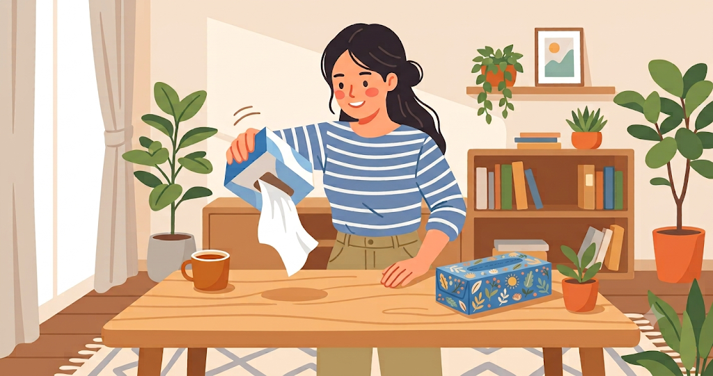 A woman turns a box of tissues—with only one left—upside down and gives it a light shake on a wooden table; a fresh box of tissues stands ready beside it.