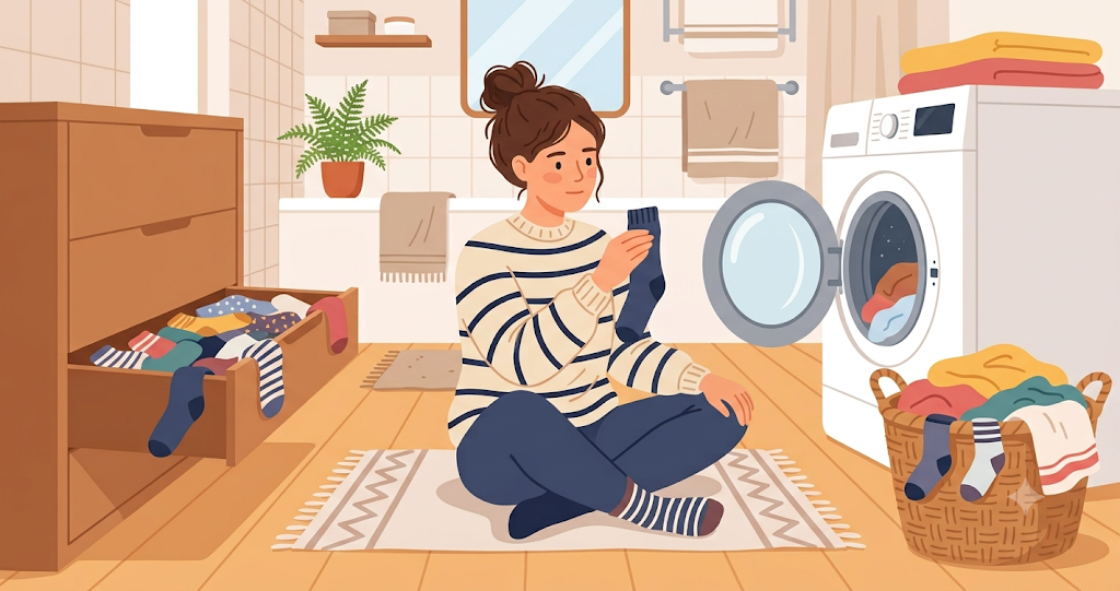 A woman sits on the bathroom floor, holding a pair of dark blue socks with both hands and looking intently at them. Next to it is a laundry basket, a slightly open washing machine, and a drawer filled with socks with only one side.