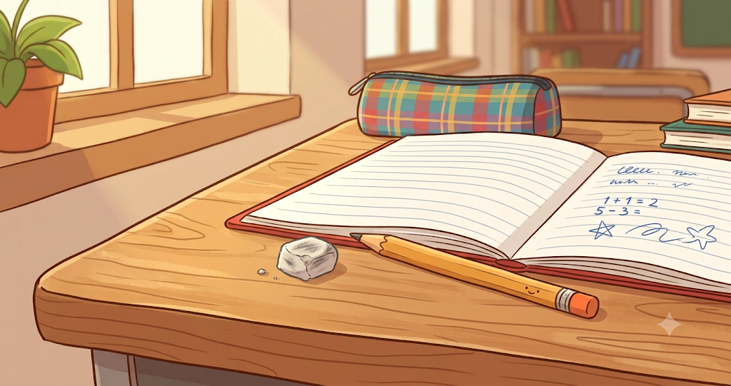 On the wooden school desk, a white eraser—worn down to the size of a thumbnail—sits beside a slightly sharpened pencil and an open notebook. Bathed in the afternoon sunlight, the eraser bears the rounded edges and faint smudges of long-term use.