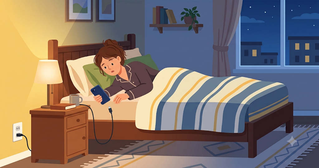 A bedroom at night. A woman is lying on the bed. A charging cable extends from a wall outlet near the head of the bed. The cable is too short and falls just a little bit short of reaching her smartphone.
