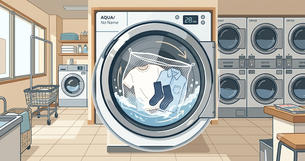 In front of a washing machine at a bright laundromat. Inside the transparent drum of the machine, a fine-mesh white laundry net slowly rotates. The net contains items such as a white T-shirt, blue socks, and a light-colored shirt. Surrounded by rows of washers and dryers, the scene captures the clean, lived-in atmosphere of a Japanese laundromat. The composition focuses on the laundry net and the clothes, with no people visible.