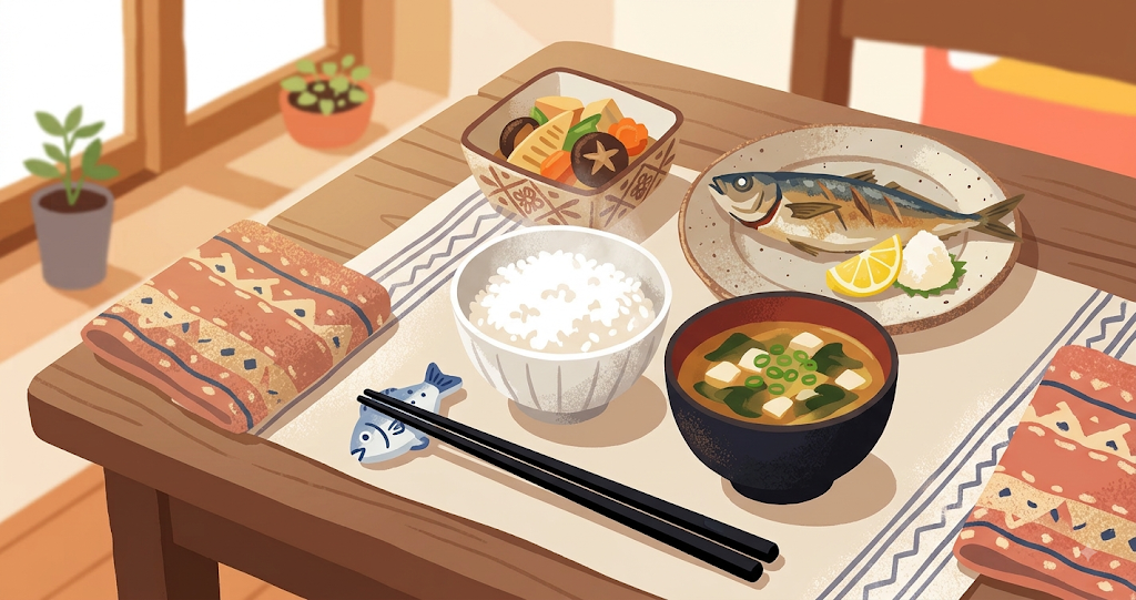 A small, handmade-style ceramic chopstick rest—shaped simply like a fish—sits on a wooden table alongside white Japanese tableware, with a pair of black chopsticks resting naturally upon it. Nearby, dishes of grilled fish, white rice, miso soup, and a small side dish are arranged. The composition resembles a photograph, capturing a cozy, home-style Japanese dinner setting bathed in warm natural light.