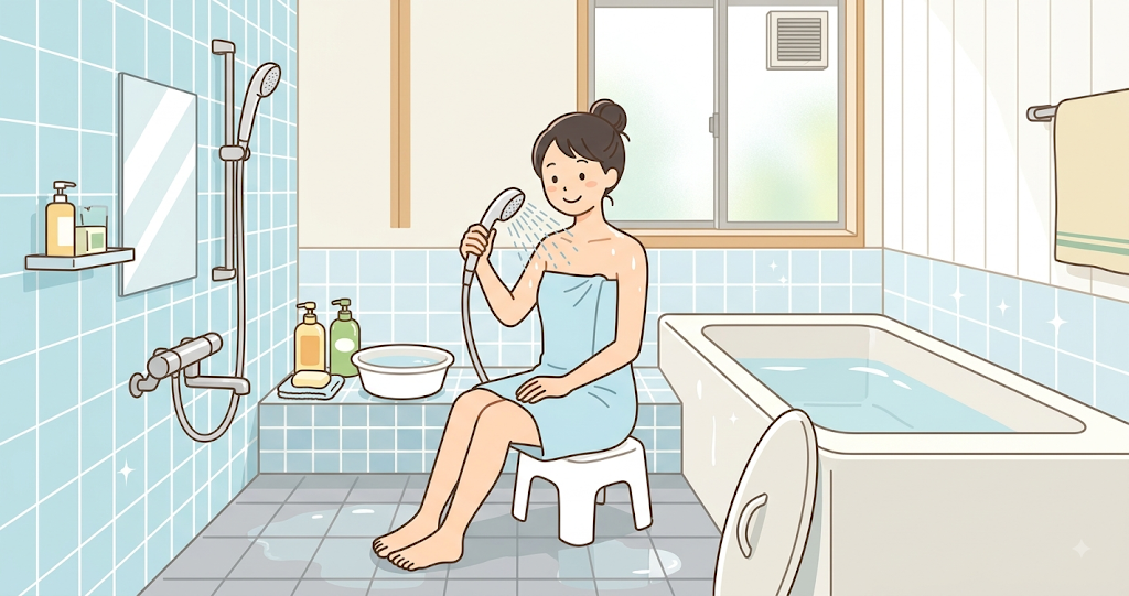A typical Japanese home bathroom. The scene features a white bathtub and shower, with a woman sitting on a bath stool and washing her body. She is directing the shower spray onto her shoulders before washing her hair, capturing a natural, everyday bathing moment. The bathroom is bright and has a clean, fresh atmosphere.