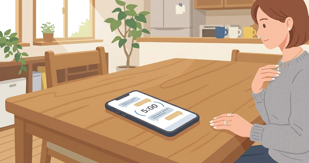 A smartphone sits on a table in a typical Japanese home. The screen displays a conversation with a voice assistant, showing a five-minute timer. The hands of a person speaking to the phone are visible at the edge of the frame, capturing the atmosphere of talking to a device during everyday life. Natural light fills the room, which has a lived-in feel.