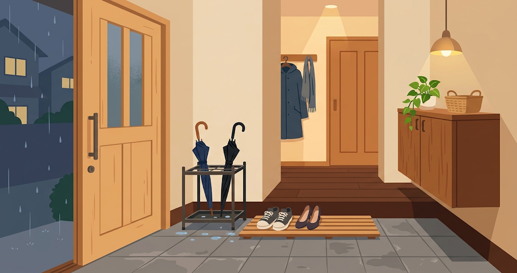 The entryway of a typical Japanese home on a rainy evening. A simple umbrella stand containing two or three black or navy blue umbrellas sits just inside the front door. A few small water droplets are visible on the entryway floor.