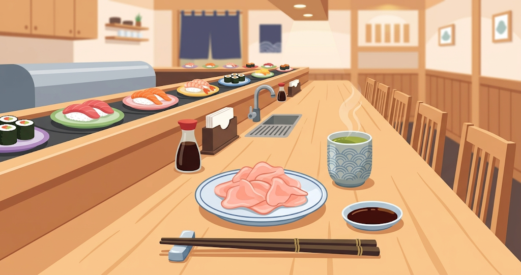 A composition showing the counter seats of a conveyor-belt sushi restaurant from a direct side view. In the foreground, thinly sliced ​​pickled ginger is served on a small plate; in the background, the sushi conveyor belt, a teacup, a soy sauce dish, and chopsticks are visible. No people are included in the frame, with the focus placed on the presence of the pickled ginger.