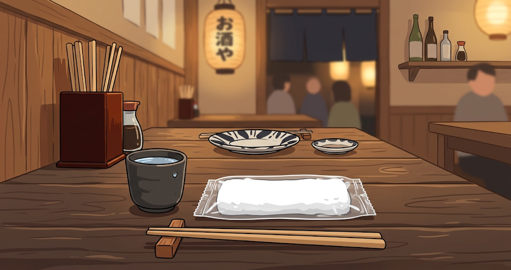 At a table in a Japanese izakaya, individual white cloth hand towels (*oshibori*) are set out, though hardly any food has been served yet. In the foreground, one can see a transparent or white wrapper containing a chilled hand towel, while a glass of water and a small plate are visible further back. The composition reflects a natural line of sight across the table, with no people in the frame. The interior reflects the style of a typical Japanese izakaya, avoiding an overly upscale atmosphere.