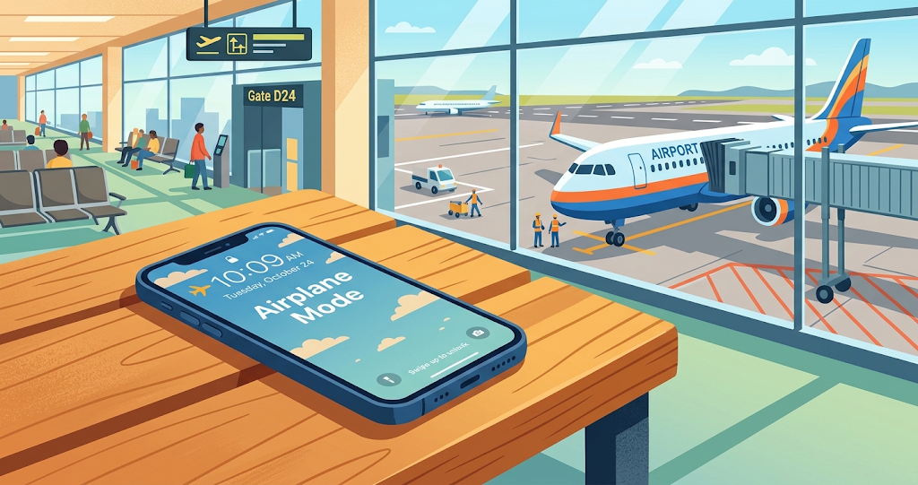 A view of a smartphone screen showing "Airplane Mode" enabled, while the device rests on a bench near an airport boarding gate. A parked passenger aircraft is visible through the window. The smartphone screen looks realistic, with the text "Airplane Mode" rendered clearly enough to be easily legible.