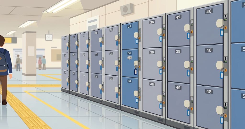 A photo-like visual of the coin lockers lined up inside the station, taken from the front and slightly diagonally. Rows of inorganic lockers lined up, and a small number 37 can be seen near the center. The person is only slightly visible at the edge of the screen, and the locker door, key, and number display are the main focus. The lighting and flooring are clean, typical of Japanese stations, and there are no actual station names or company logos. A lively yet slightly quiet atmosphere