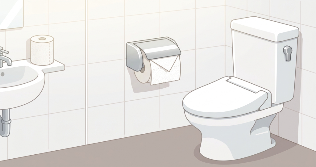 A clean hotel restroom in Japan. It features white walls and bright lighting; a white ceramic Western-style toilet sits beside a holder containing a roll of white toilet paper, with just the tip of the paper neatly folded into an isosceles triangle. No people are visible in the shot.