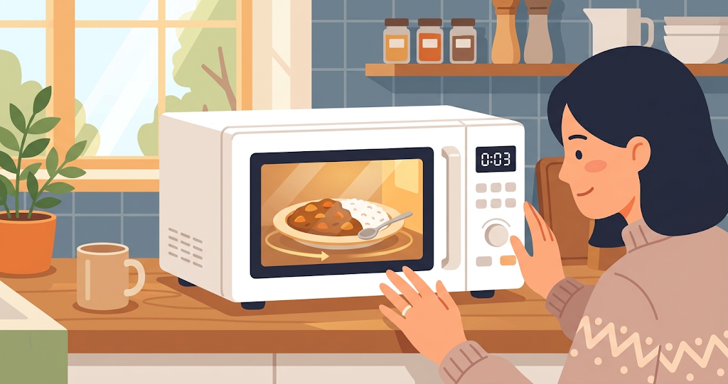 A white microwave sits in a home kitchen. Through the transparent door, a plate of curry is being heated, and the digital display shows three seconds remaining. The composition—resembling a photograph centered on the microwave and the hands of the person gazing at the screen—conveys a quiet, everyday sense of anticipation. No text or logos are included.