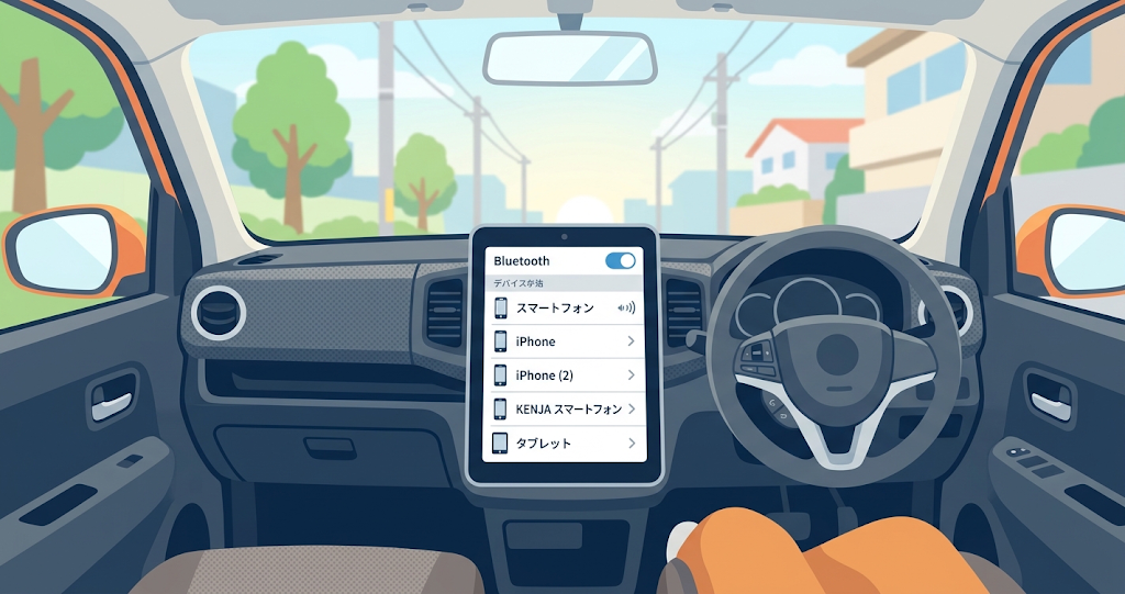 Car navigation system Bluetooth device list screen viewed from inside a rental car. Multiple device names such as "iPhone", "iPhone (2)", and "KENJA smartphone" are lined up as connection candidates on a white background.