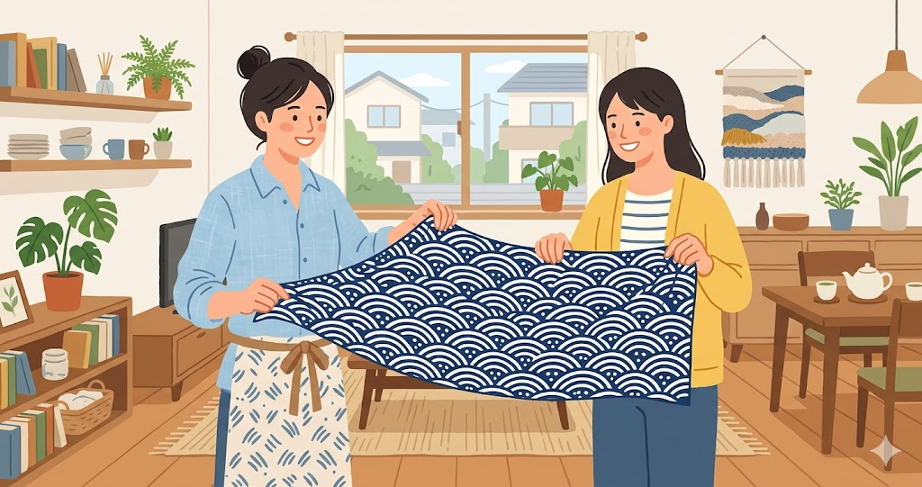 A hand towel with a wave pattern is being unfolded.